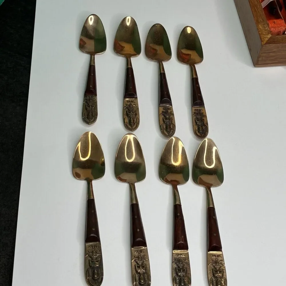 Vintage Thailand Siam Set For 8 Teak Brass Dessert Flatware w/Wooden Case